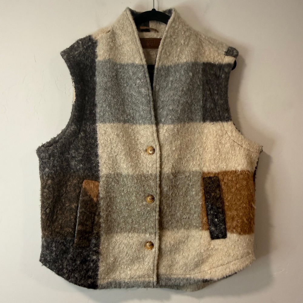BLANKNYC Womens Good Sign Sherpa Vest Large Multi Color Brown Plaid 40GL6898